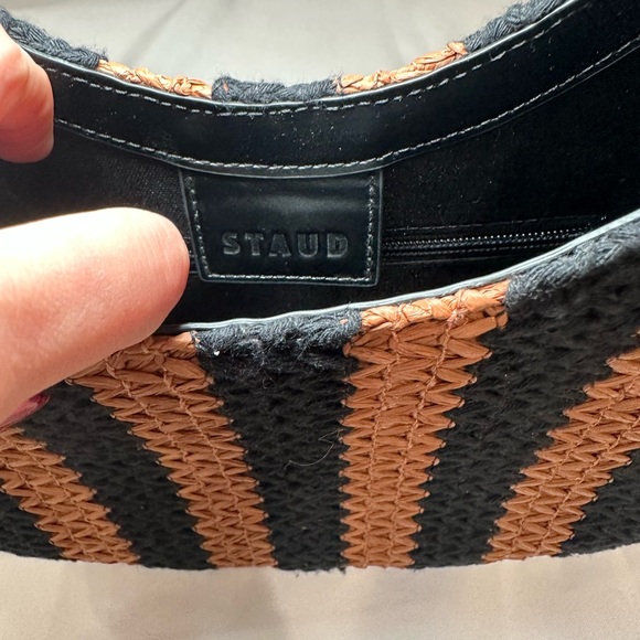 Staud Raffia Moon Tote, Black Leather & Tan Woven Bag - Picture 9 of 12